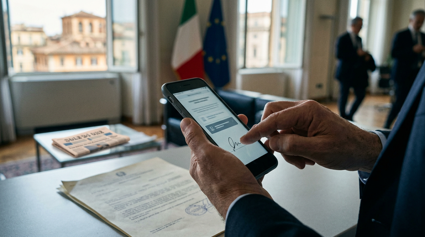 Detail of a digital signature process on a smartphone with a focus on institutional reliability.