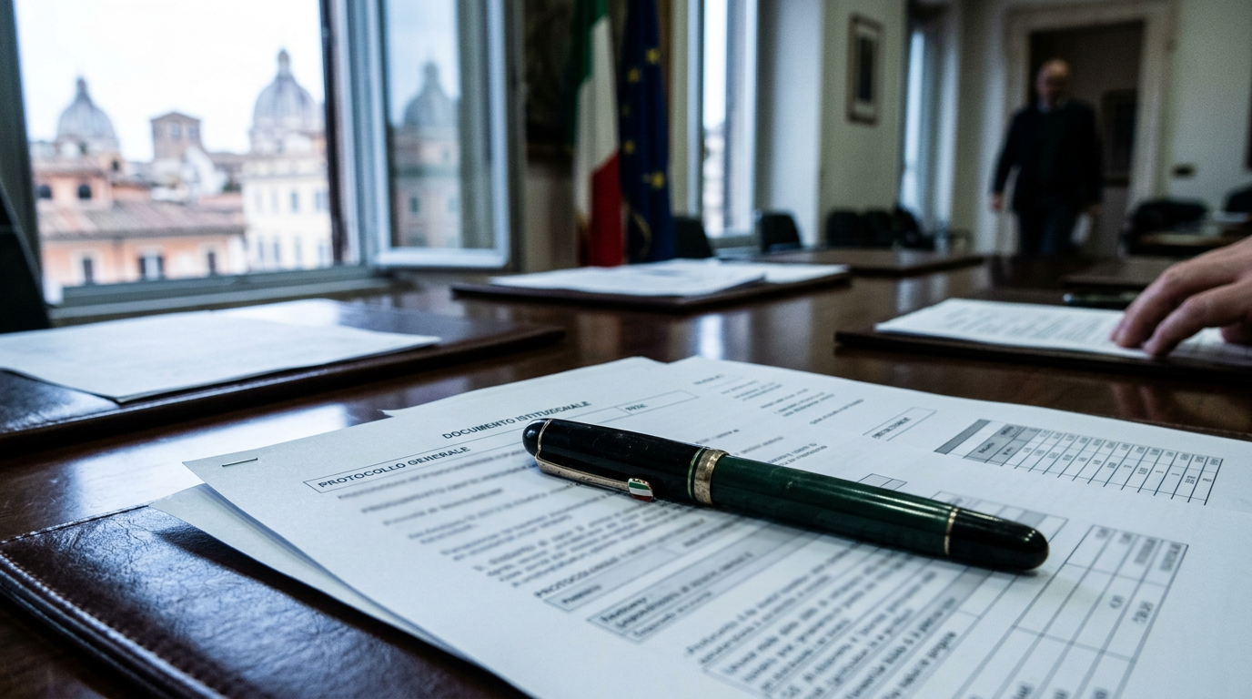 A close-up of a fountain pen resting on official government documents with a subtle Italian flag detail.