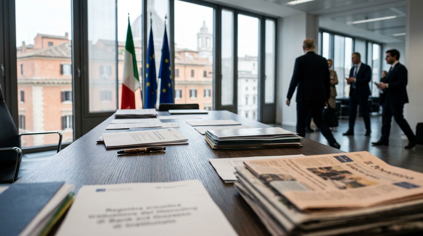 A modern office interior in Italy with blurred people in the background, representing a professional banking environment