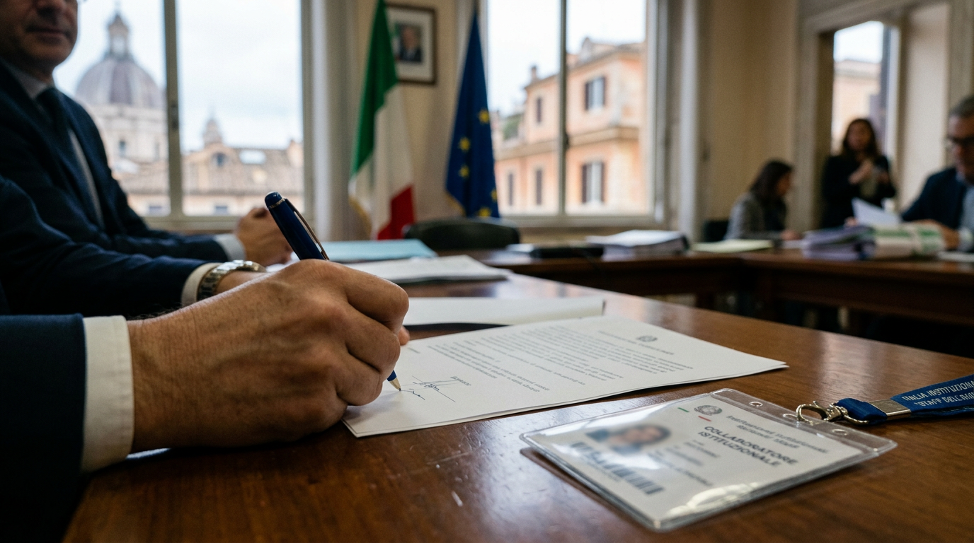 A close-up of a hand signing a document next to an institutional badge, high quality photography.