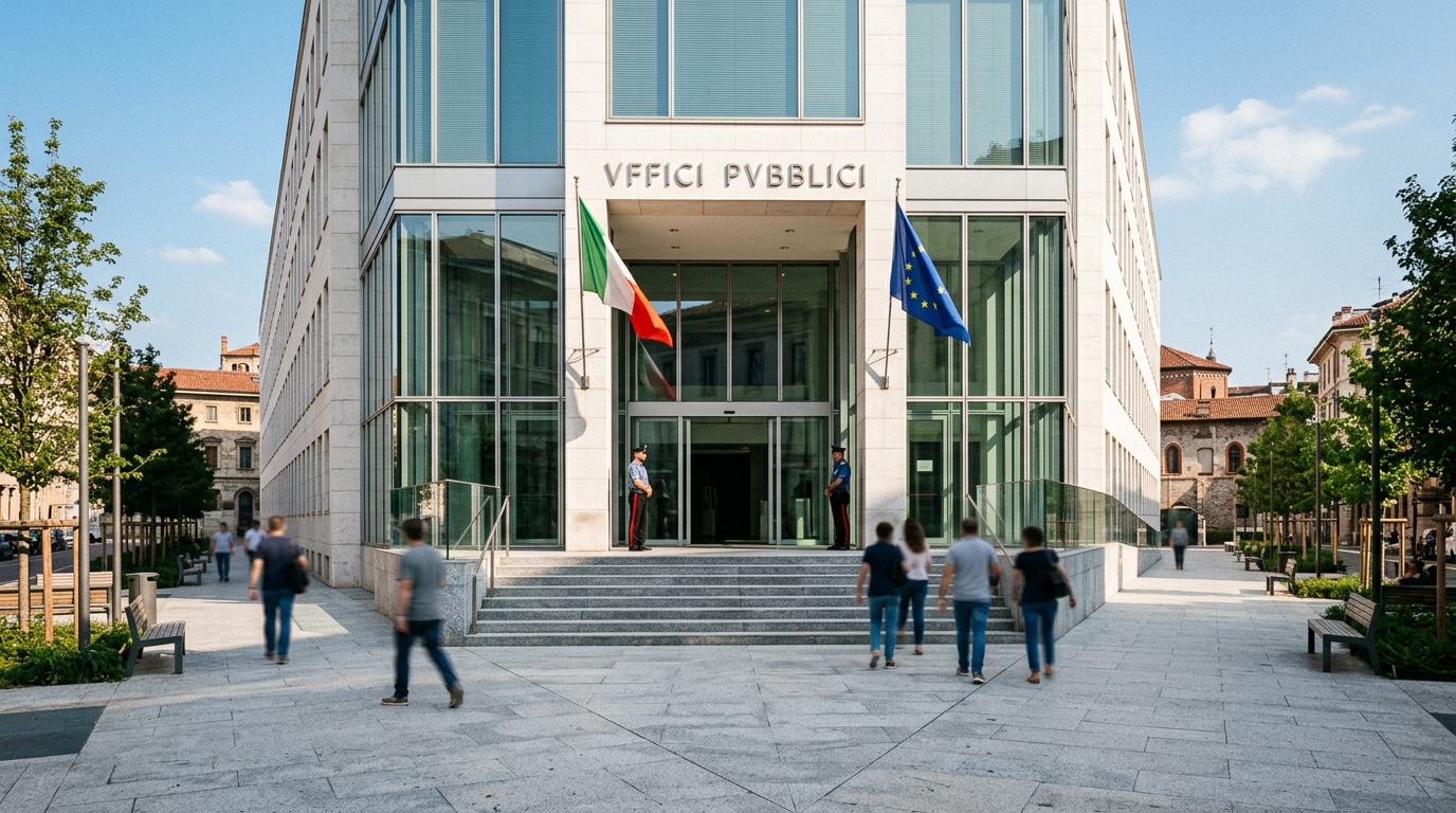 A clean architectural shot of a modern government building entrance in Italy, sunny day.