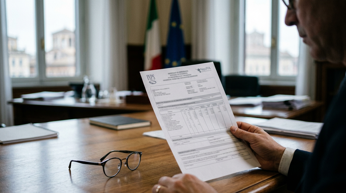 A close-up of a hand holding a modern pension slip with a pair of glasses on a wooden table, professional and clean atmo