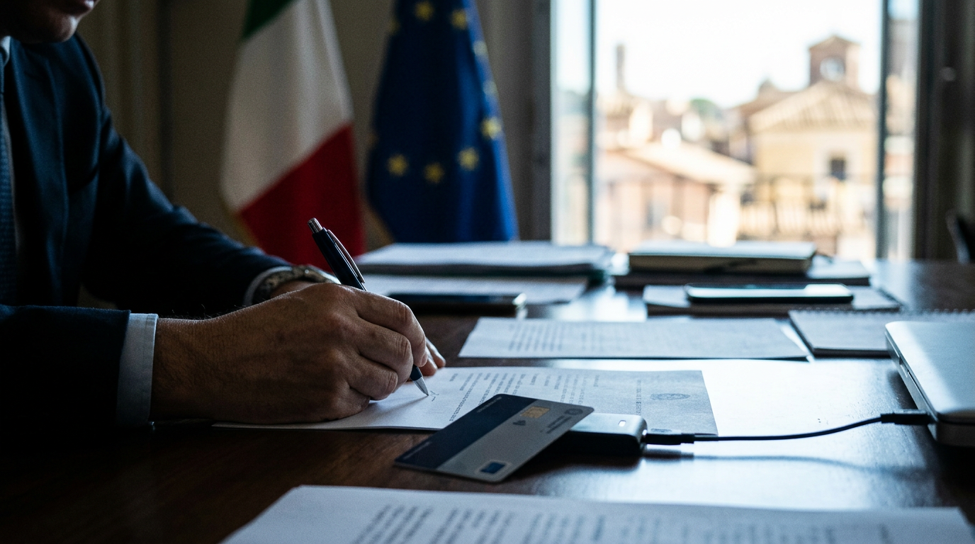 A close-up of a hand signing a document with a digital ID card nearby, representing SPID/CIE technology.
