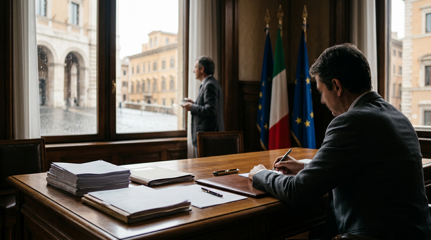 A modern architectural detail of a public administration building in Italy, symbolising institutional stability.