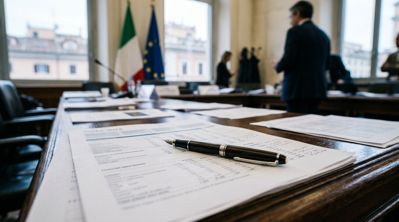 Close-up of a pen resting on a financial document with a blurred office background.