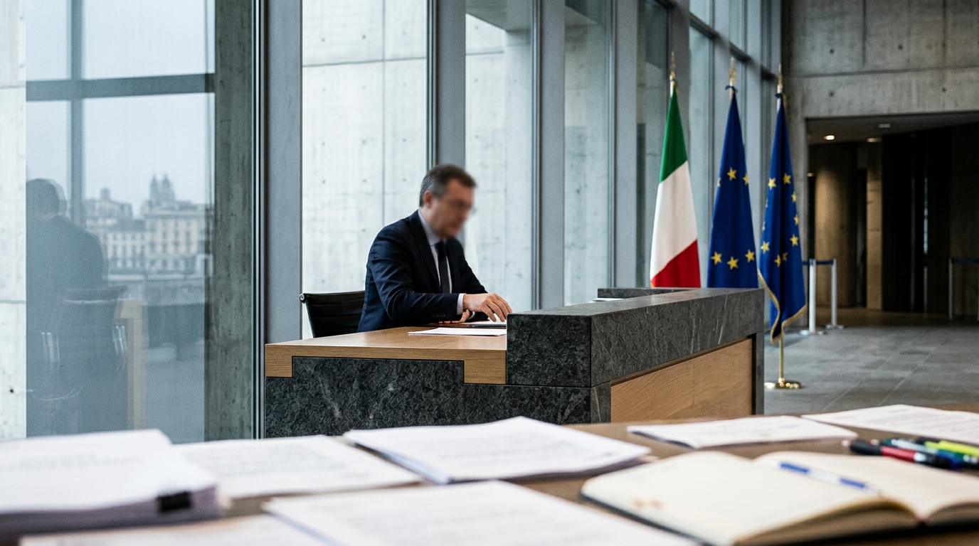 A modern architectural detail of an Italian institutional building, symbolizing stability.