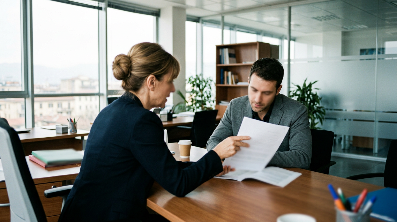 A professional consultant in a bright office in Prato, showing a document to a client, focus on professional interaction