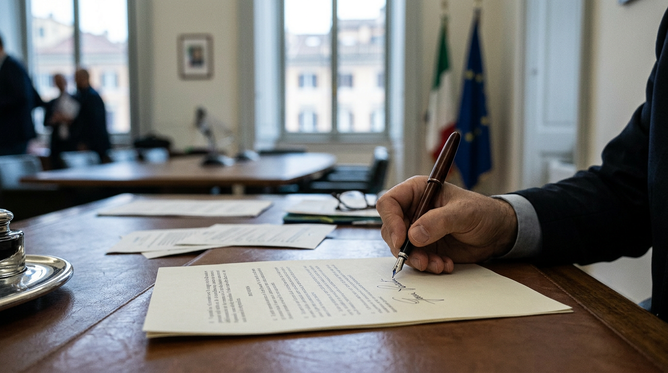 Detail of a hand signing a document with a professional fountain pen, soft focus background of a clean office desk.
