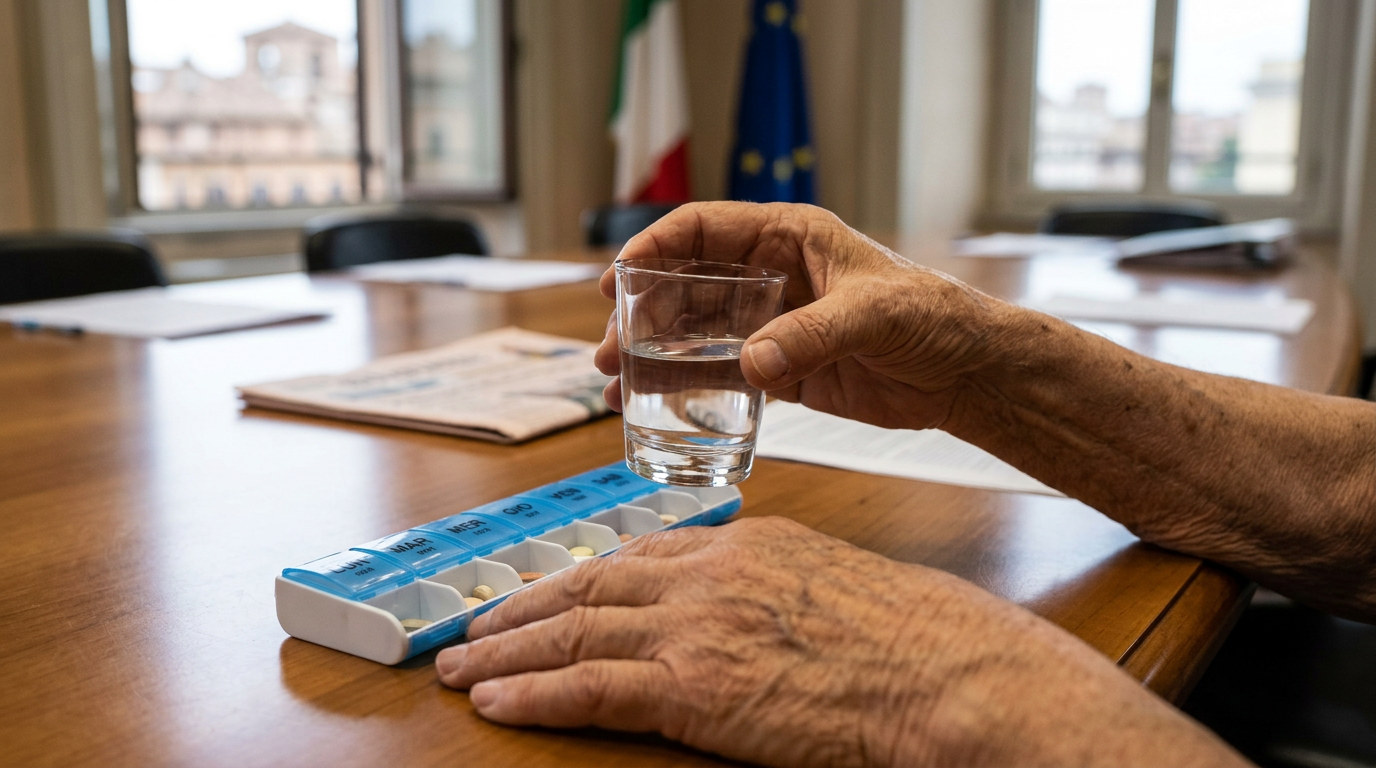 A close-up of a senior person's hands holding a glass of water and a pill organizer, symbolizing healthcare management w