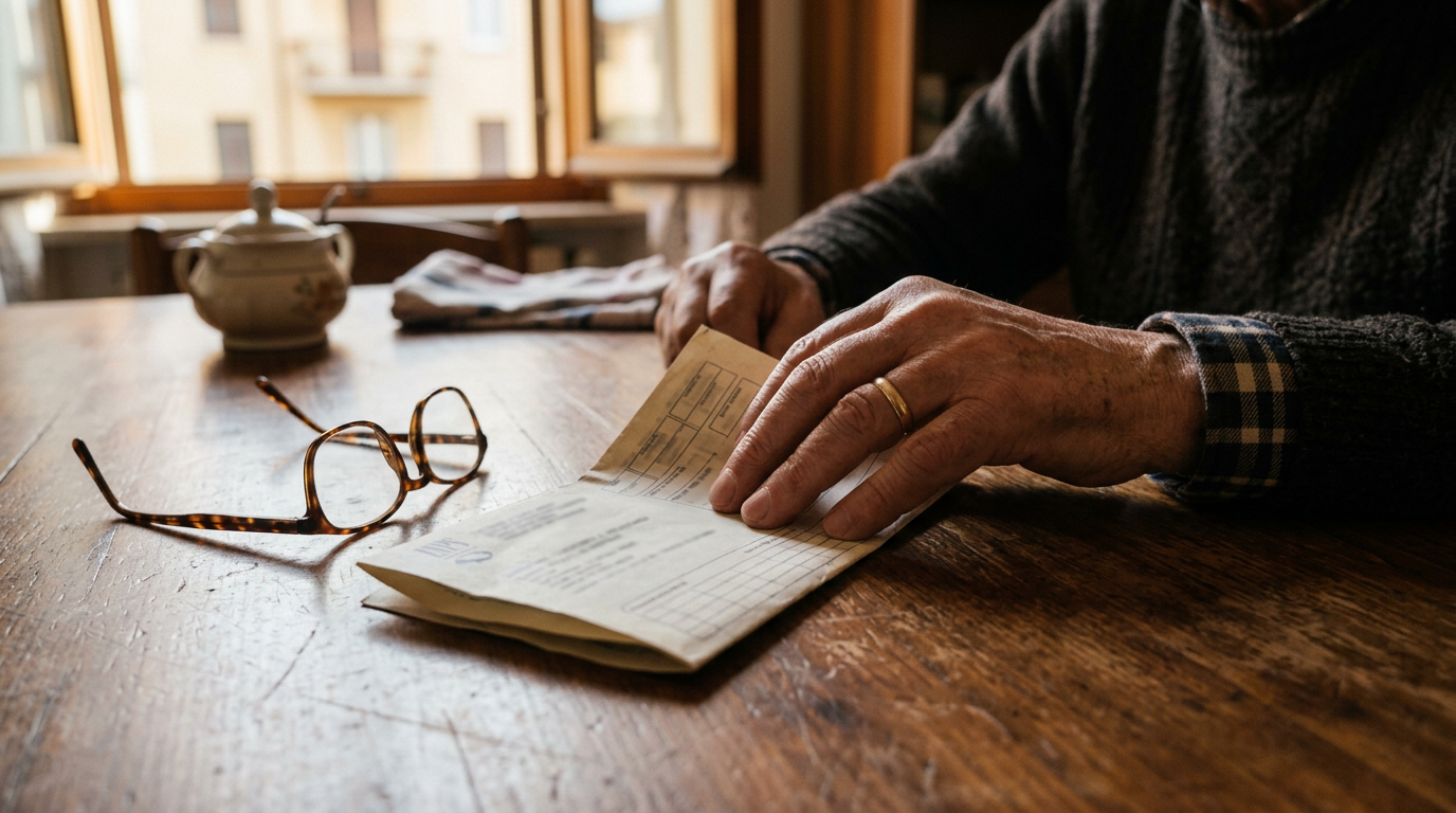 Close-up of a hand holding a classic Italian pension slip (cedolino) next to a pair of reading glasses on a wooden table
