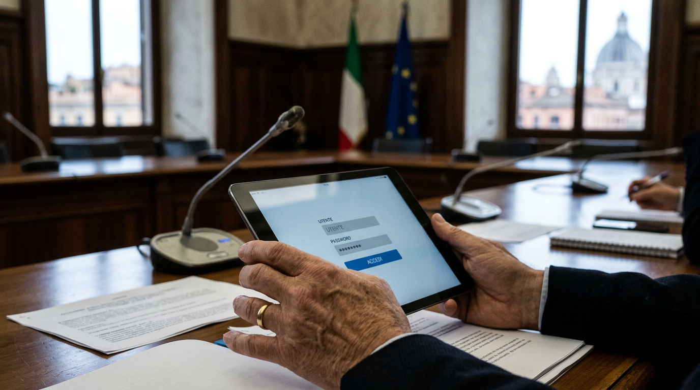 A close-up of a senior person's hands holding a digital tablet with a secure login screen.