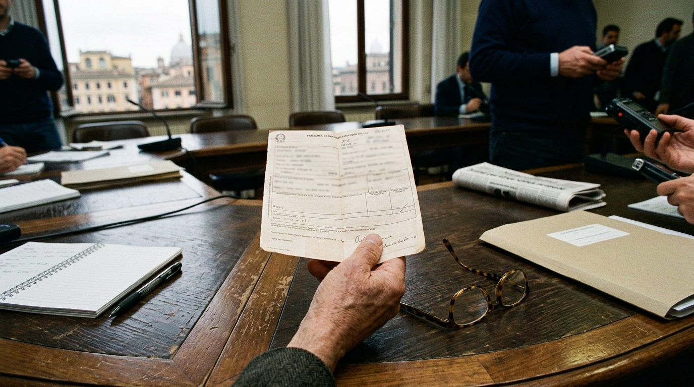 A close-up of a hand holding a classic Italian pension slip with a pair of reading glasses on a wooden table.
