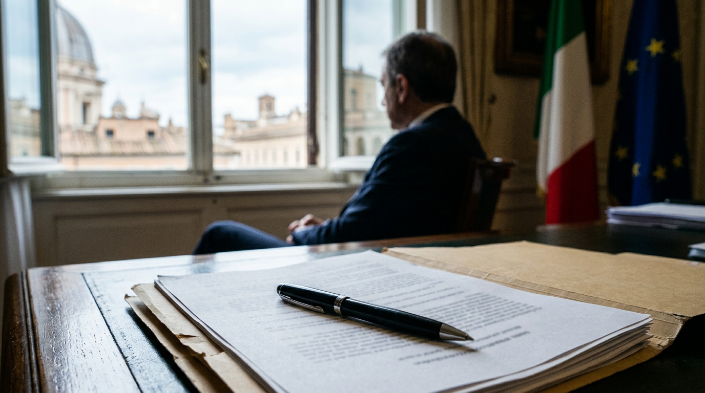 A professional office setting in Italy with a pen and a document folder, symbolizing institutional reliability and forma