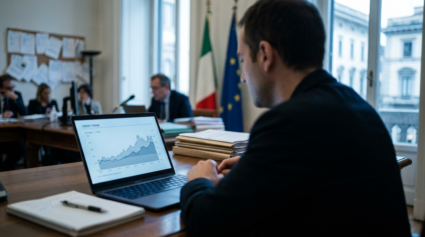A modern office desk with a laptop showing a simple financial chart, representing clear and professional credit evaluati