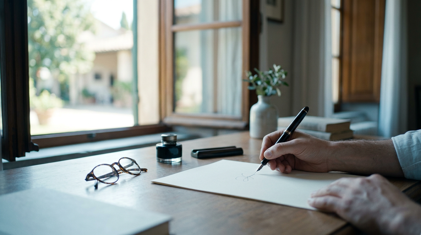 A close-up of a hand signing a document next to a pair of reading glasses, warm domestic lighting.