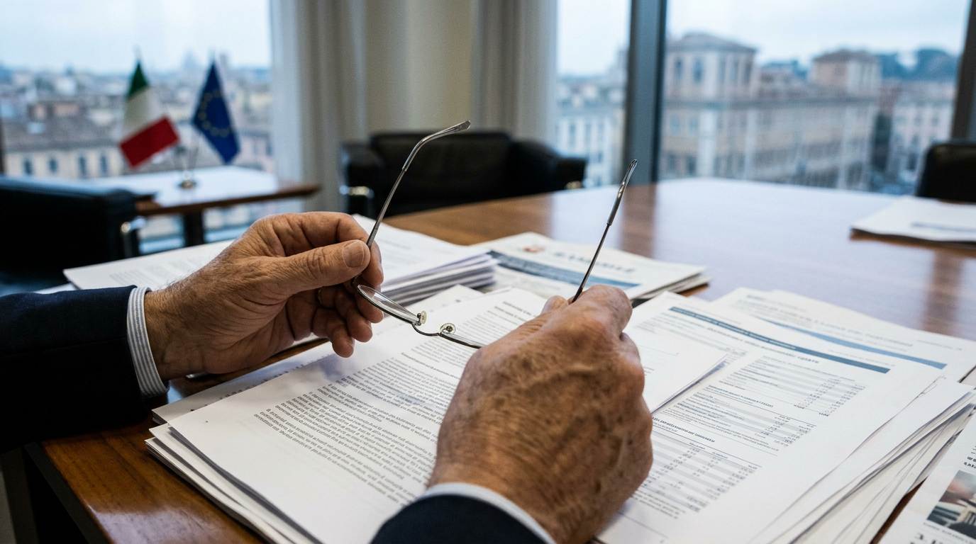 A close-up of a senior person's hands holding a pair of glasses over a clear financial document, professional and clean