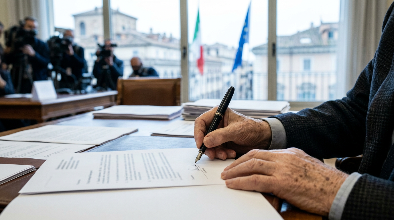 A close-up of hands of an elderly person signing a document with a classic fountain pen, warm domestic light.
