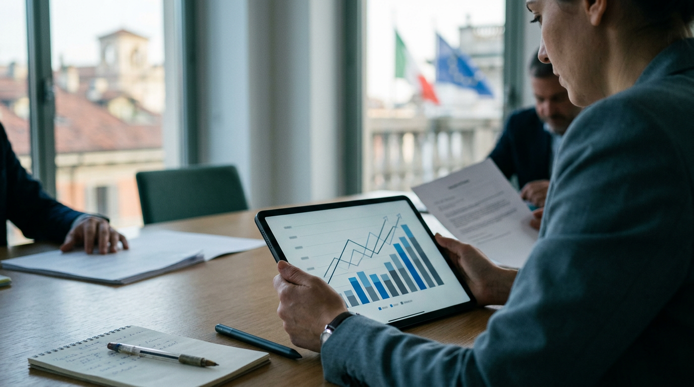 A close-up of a digital tablet showing a clean financial graph and a pen, soft lighting.