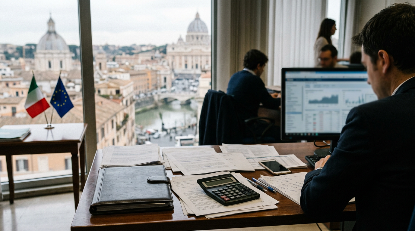 A modern office interior in Italy with a focus on professional documents and a calculator on a desk.