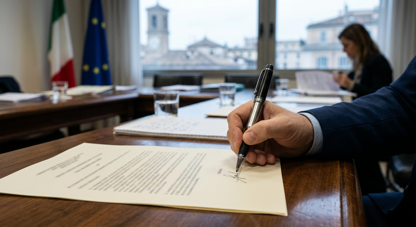 Close-up of a hand signing a document with a professional pen, soft focus background of a modern office.