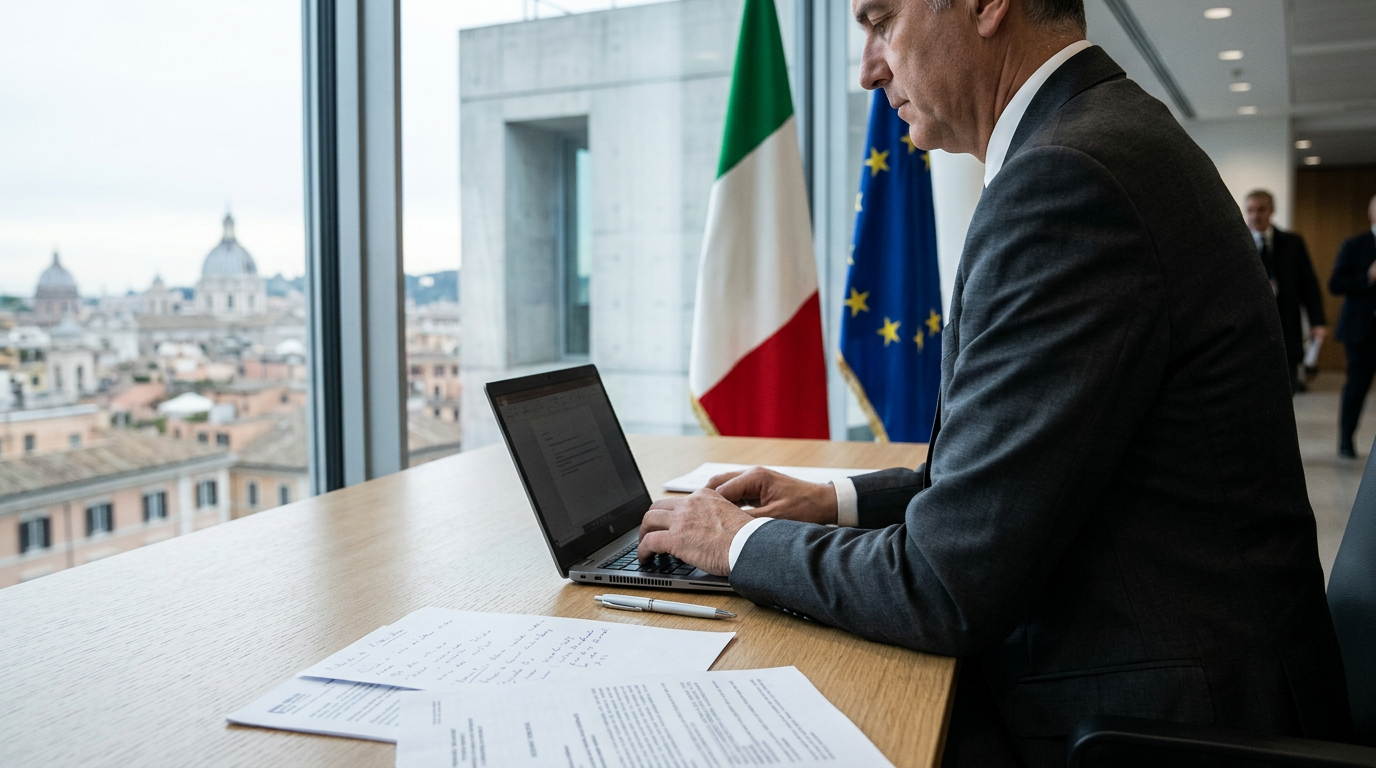 A modern government building exterior in Rome, clean lines, professional atmosphere.