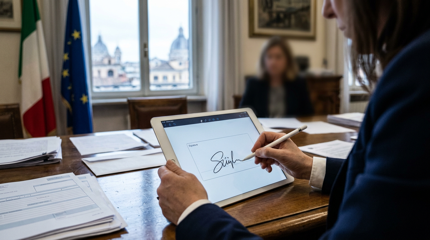 A close-up of a digital signature process on a tablet with an institutional background.