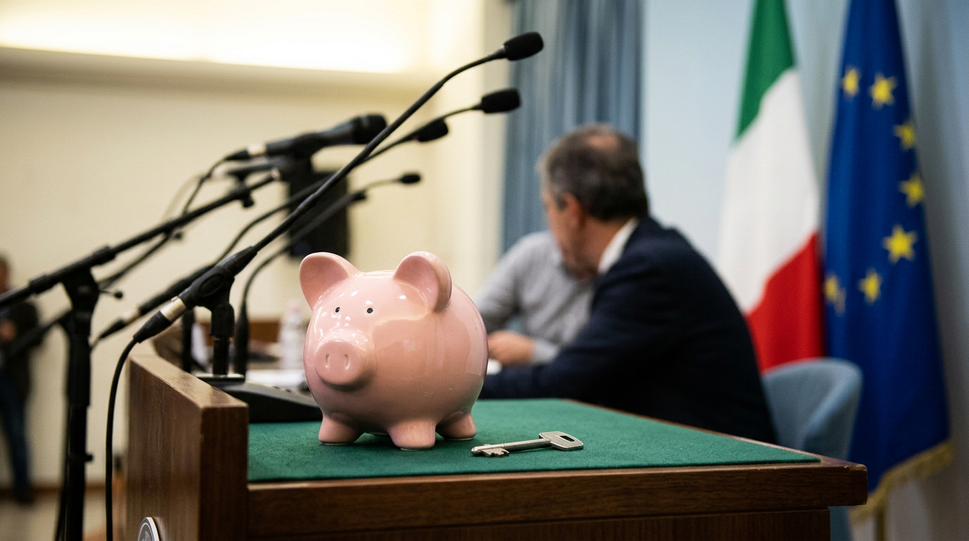 A piggy bank and a single key on a bright neutral background, symbolizing financial simplification.