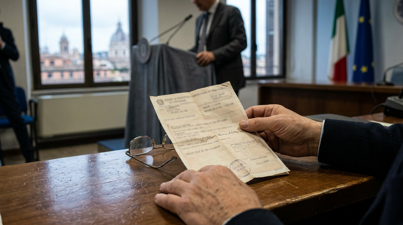 A close-up of a hand holding a traditional Italian pension slip with a pair of spectacles resting on a wooden table.