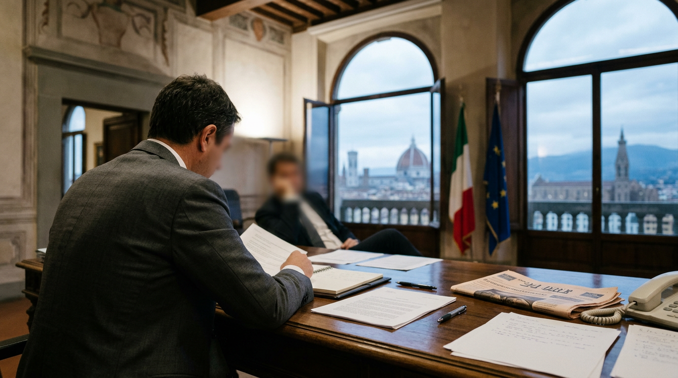 A bright, professional office interior in Tuscany with a blurred background, suggesting a trustworthy institutional envi